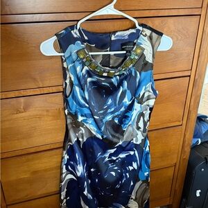 Connected Apparel Blue and Black Floral Midi Dress